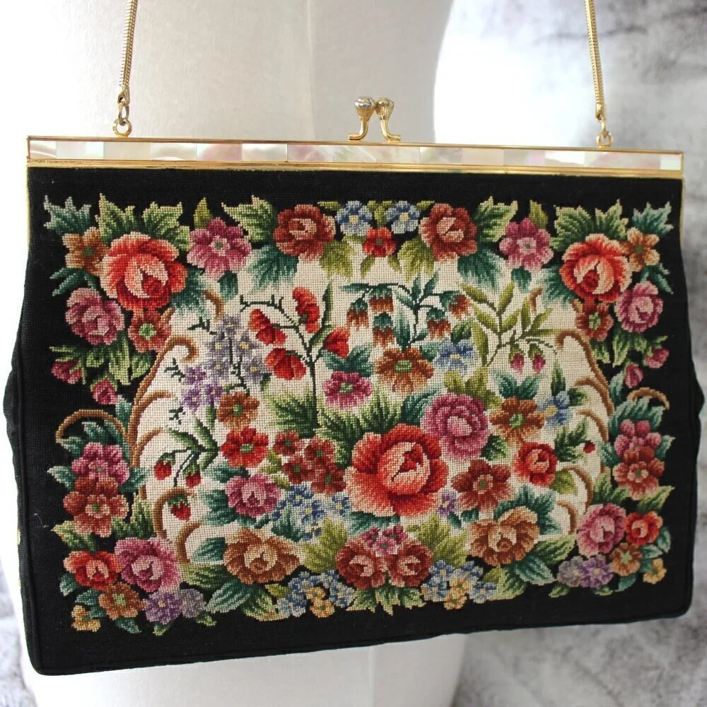 Vintage Style Petite Needlepoint Point Embroidery Handbag Gold Strap Purse